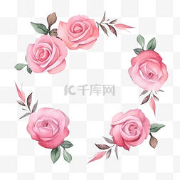 粉色植物花框图片_水彩圆框玫瑰