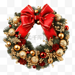 礼品装饰红丝带图片_圣诞花环，红丝带和金色装饰隔离
