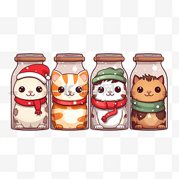 可爱的猫角色和瓶子里的圣诞节