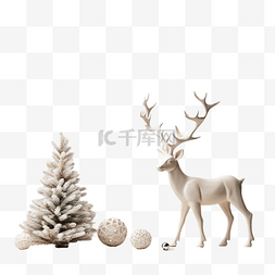白色驯鹿图片_木桌上有白色驯鹿和圣诞树的假日