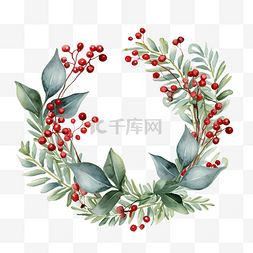水彩节日圣诞花环与冬青和桉树