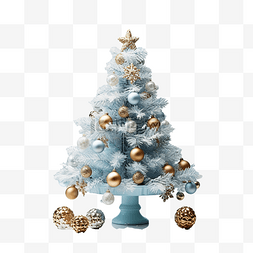 蓝桌上有圣诞装饰的雪圣诞树