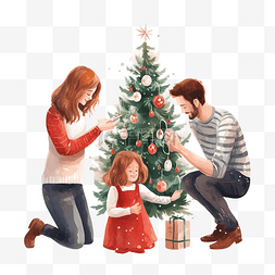 幸福的家庭一起在室内装饰圣诞树