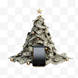 钱麻袋图片_智能手机屏幕上圣诞树下的钱袋