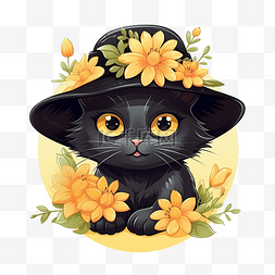 戴着黄色夏帽的黑猫，花朵卡通风