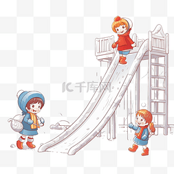冰雪滑梯图片_小孩子们在冬季公园冰雪覆盖的操