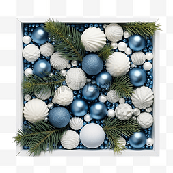 圣诞蓝白球球图片_圣诞组合物，轭上有针叶树，蓝盒