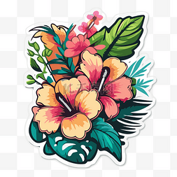 夏威夷贴纸图片_上面有叶子的热带花卉贴纸 向量