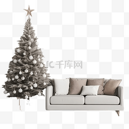 房间里装饰圣诞树旁有一张柔软舒