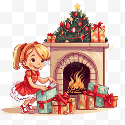 可爱优雅的女孩在圣诞树和壁炉旁
