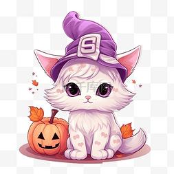 帽涂鸦图片_可爱的万圣节白色小猫猫，戴着女