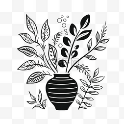 线条画夏天图片_装饰涂鸦叶植物与花瓶