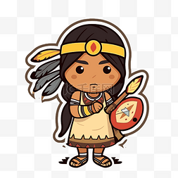 卡通美国原住民儿童与射箭盾牌 