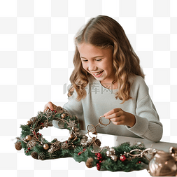 女孩自己在家里的桌子上装饰圣诞