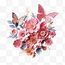 3d 渲染母亲节鲜花与蝴蝶