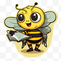蜜蜂读一本书，看着书贴纸剪贴画