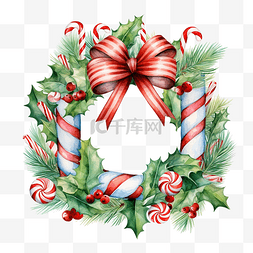 冬青花环图片_带礼品盒和拐杖糖的圣诞冬青花环