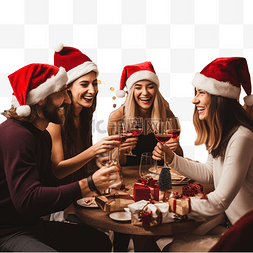 葡萄酒干杯图片_戴着圣诞老人帽子的朋友们在家里