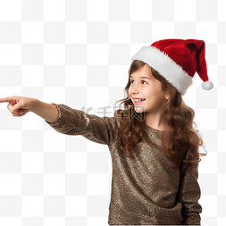 女孩用图片_戴着圣诞帽的女孩用手指指着没有