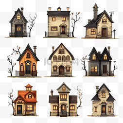 矢量卡通城堡图片_怪异的房子设置孤立的矢量插图万