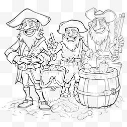 卡通海盗人物和宝藏着色书页