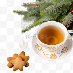 圣诞贺卡，配有姜饼茶和枞树