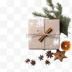 冬季松果图片_纸制圣诞礼盒，灰色混凝土上装有