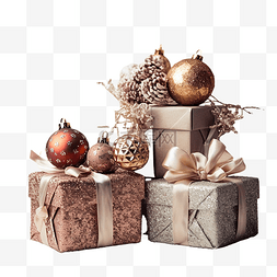 礼品边框图片_圣诞复古礼品盒，木桌上有圣诞球