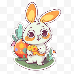 复活节兔子卡通图片_白纸上拿着复活节彩蛋贴纸的可爱