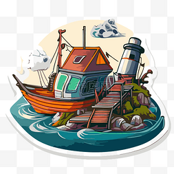 卡通海岸贴纸与船和灯塔隔离剪贴