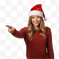 圣诞指向图片_戴着圣诞帽的女孩用食指指着一个