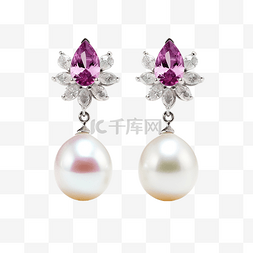 白色珍珠耳环和玫瑰紫色宝石耳环