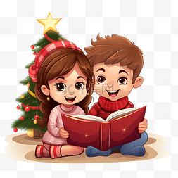 哥哥和妹妹在圣诞客厅里看书