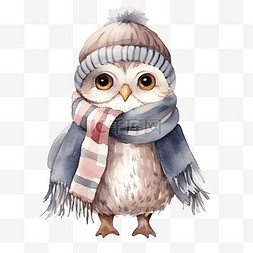 围巾和帽子图片_水彩可爱的猫头鹰动物戴着围巾和