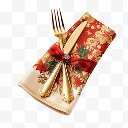木桌上放着餐巾的圣诞餐具
