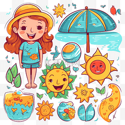 夏天剪贴画涂鸦可爱的女孩与太阳