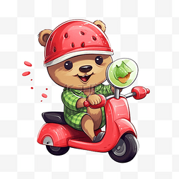 戴着西瓜头盔的卡通熊在摩托车上
