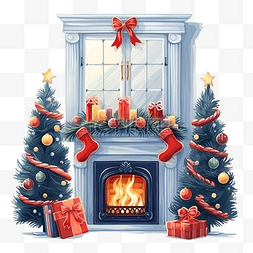 带窗户壁炉杉树和礼物的圣诞客厅