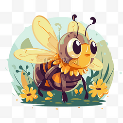 蜜蜂剪贴画图片_授粉剪贴画卡通蜜蜂与草丛中的花
