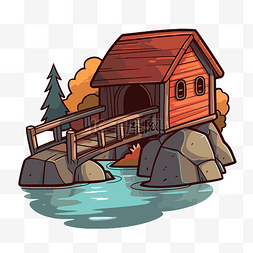 卡通湖中的房子 剪贴画 向量