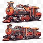 火车剪贴画 两辆带有红色和橙色设计卡通的老式火车 向量