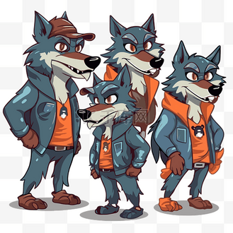 狼群剪贴画 四只卡通狼,其衣服在白色背景上 向量
