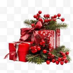 金色禮盒裝飾图片_圣诞组合物，配有红色浆果和带蝴