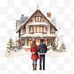 冬人物图片_圣诞快乐，一对夫妇站在冬屋前