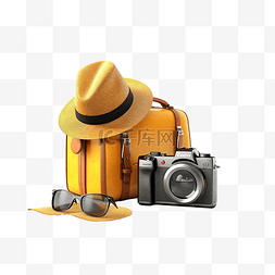 3d 插图相机帽子和手提箱