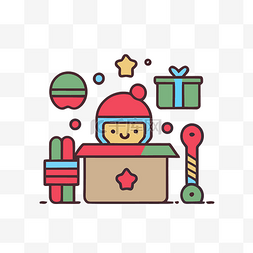 礼物矢量线性图标图片_圣诞盒图标和带礼物的孩子 向量