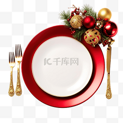 白盘上圣诞餐桌布置的顶视图