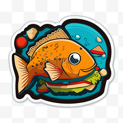 水果卡通元素图片_带有三明治和水果剪贴画的橙色鱼