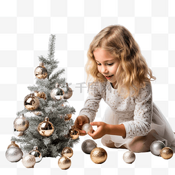 小女孩在家玩圣诞树装饰