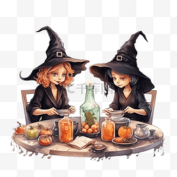万圣节前夕，三个女巫坐在桌边准